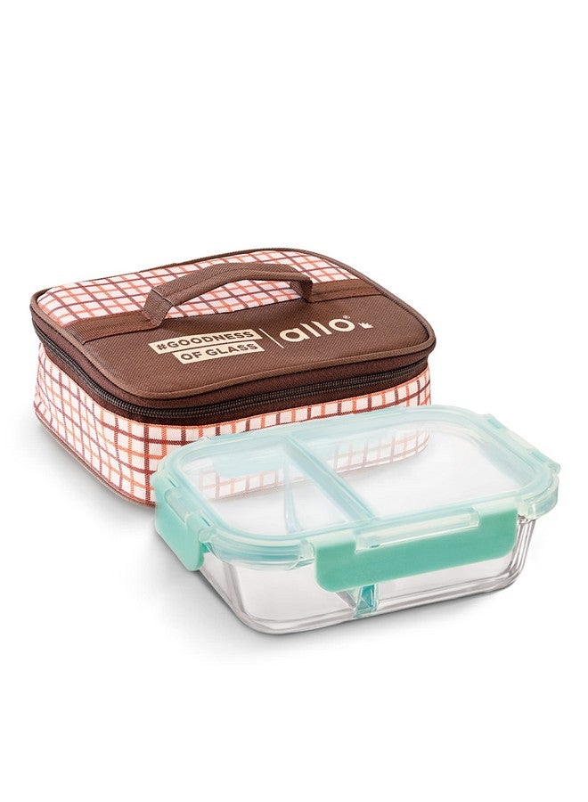 Allo Allo FoodSafe Compartment Glass Lunch Box with Break Free Lock, Oven & Microwave Safe, Borosilicate Glass Container with Partition Divider, Office Tiffin with Cocoa Brown Bag, 580ml, Rectangle  - Image 1