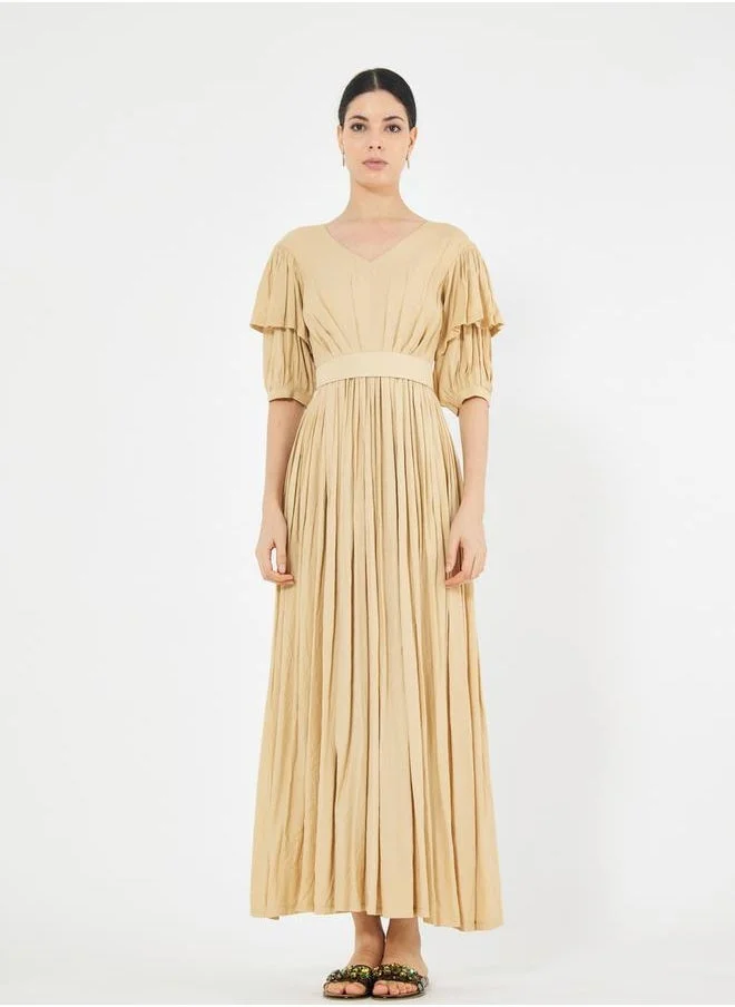 هاوس اوف مودا Tiered Puff Sleeves Pleated Waist A-Line Maxi Dress by Styli