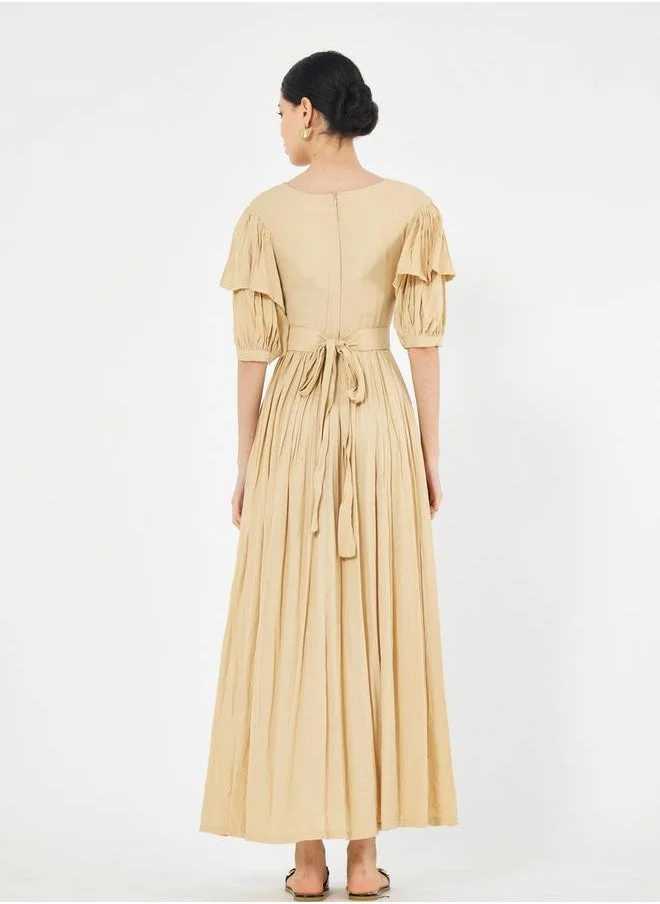 هاوس اوف مودا Tiered Puff Sleeves Pleated Waist A-Line Maxi Dress by Styli