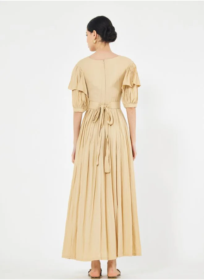 هاوس اوف مودا Tiered Puff Sleeves Pleated Waist A-Line Maxi Dress