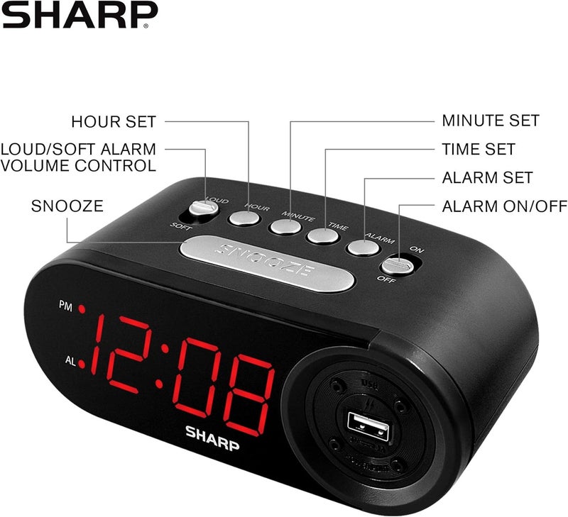 SHARP Digital Easy to Read Alarm Clock with 2 AMP High-Speed USB Charging Power Port - Charge Your Phone, Tablet with a high Speed Charge! Simple, Easy to Use Operation, Midnight Black - Image 4