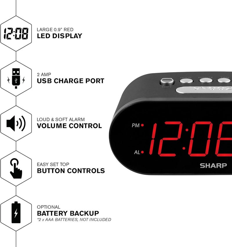SHARP Digital Easy to Read Alarm Clock with 2 AMP High-Speed USB Charging Power Port - Charge Your Phone, Tablet with a high Speed Charge! Simple, Easy to Use Operation, Midnight Black - Image 3