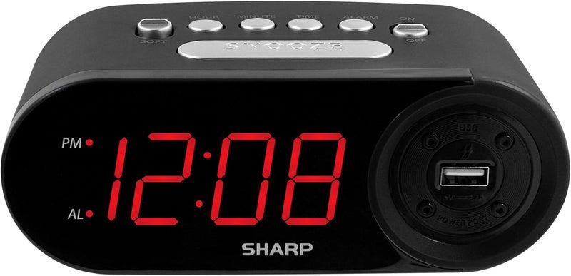SHARP Digital Easy to Read Alarm Clock with 2 AMP High-Speed USB Charging Power Port - Charge Your Phone, Tablet with a high Speed Charge! Simple, Easy to Use Operation, Midnight Black - Image 1