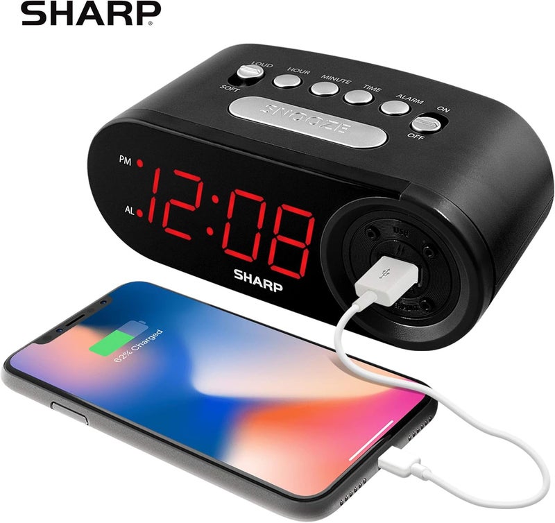 SHARP Digital Easy to Read Alarm Clock with 2 AMP High-Speed USB Charging Power Port - Charge Your Phone, Tablet with a high Speed Charge! Simple, Easy to Use Operation, Midnight Black - Image 2