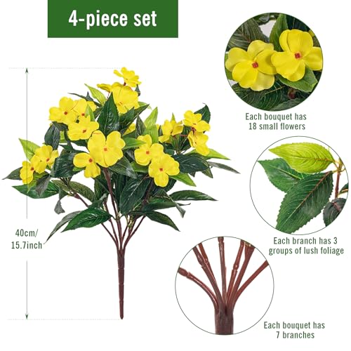 Uqueeten Fake Flowers Artificial Flowers for OutdoorArtificial Impatiens Bouquet Flowers for OutdoorsSpring Flowers Artificial Impatiens Outdoor Silk Fake Flowers Indoor Decor 4PCS Yellow - Image 3
