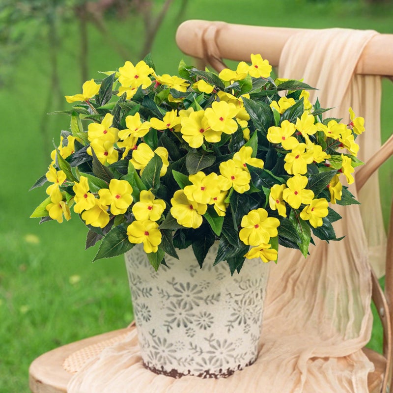 Uqueeten Fake Flowers Artificial Flowers for OutdoorArtificial Impatiens Bouquet Flowers for OutdoorsSpring Flowers Artificial Impatiens Outdoor Silk Fake Flowers Indoor Decor 4PCS Yellow - Image 2