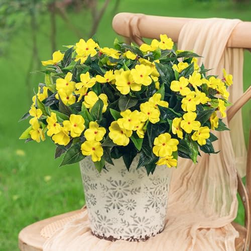 Uqueeten Fake Flowers Artificial Flowers for OutdoorArtificial Impatiens Bouquet Flowers for OutdoorsSpring Flowers Artificial Impatiens Outdoor Silk Fake Flowers Indoor Decor 4PCS Yellow - Image 1