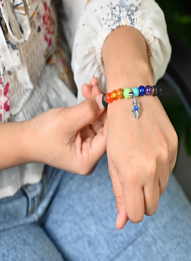 ZAICUS Crystal Bracelet with Lava Stone & 7 Chakra Beads - Evil Eye & Hamsa Hand Charm Bracelet for Protection, Good Luck & Positive Energy - Unisex Stretch Bracelet - Image 2