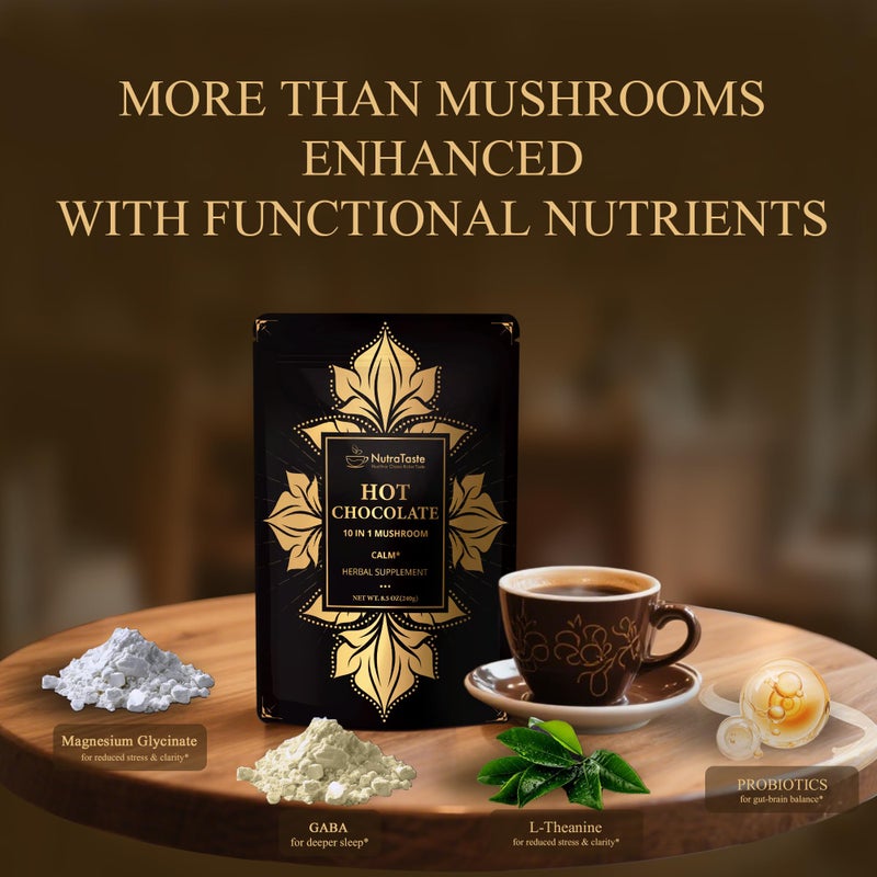 شوكولاتة ساخنة بالفطر، بديل القهوة للاسترخاء والهدوء، مسحوق الكاكاو | 10 أنواع من الفطر | فطر الأسد، ريشي، تشاجا، إل-ثيانين، مغنيسيوم جليسينات، إم سي تي، بروبيوتيك، وجابا | نباتي، كيتو، 8.5 أونصة - Image 5