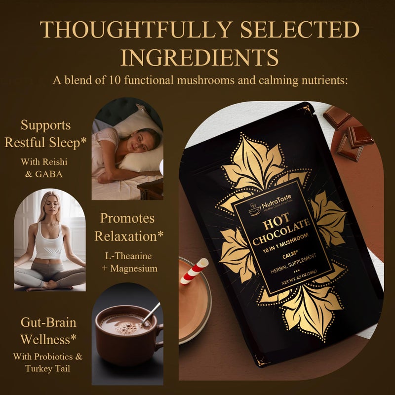 شوكولاتة ساخنة بالفطر، بديل القهوة للاسترخاء والهدوء، مسحوق الكاكاو | 10 أنواع من الفطر | فطر الأسد، ريشي، تشاجا، إل-ثيانين، مغنيسيوم جليسينات، إم سي تي، بروبيوتيك، وجابا | نباتي، كيتو، 8.5 أونصة - Image 3