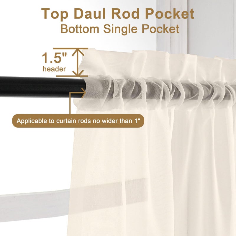 Chyhomenyc Cream Sheer Curtains 96 Inches Long - Light Filtering Solid Voile Window Panel Drapes for Bedroom, Elegant Soft Breathable Living Room Sheer Curtains, Each 42Wx96L Inch, 2 Panels - Image 2