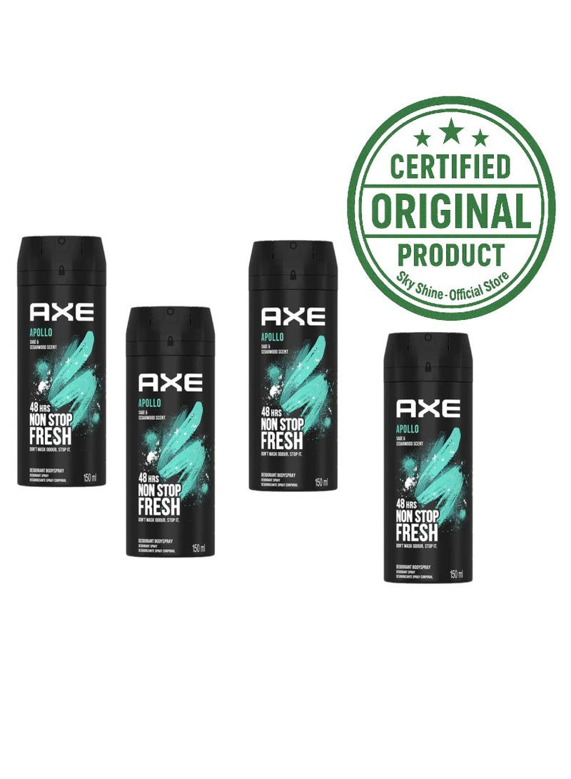 Axe Apollo Sage & Cedarwood Body Spray Deodorant 150ml (Pack of 4) – 48H Non-Stop Freshness, Stops Odor Instantly & Long-Lasting Fragrance for Men