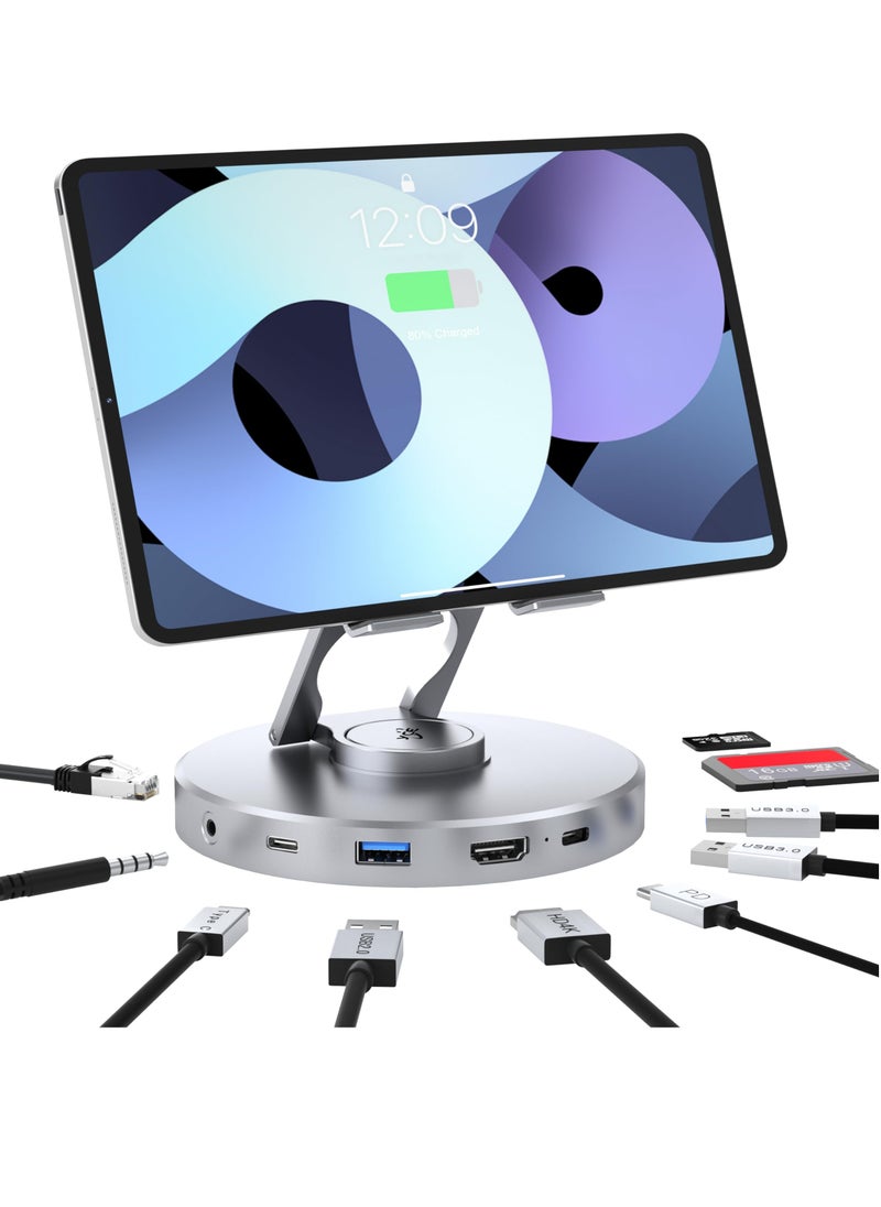 KASTWAVE - Docking Station for iPad Pro, Steam Deck, ROG Ally, 10 in 1 with 4K@60Hz HDMI SD TF 4.0 Reader,Gigabit Ethernet RJ45 100W PD,Audio,USB A,USB C Rotatable Folding Type-C Tablet Stand Holder - Image 1