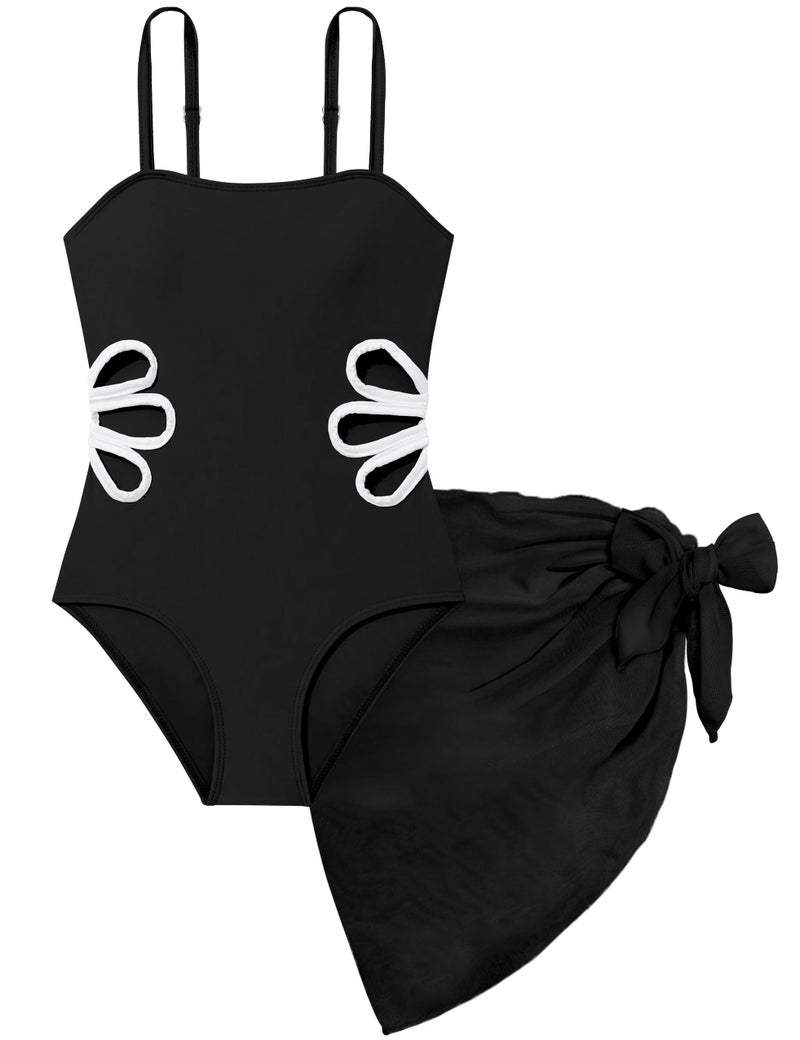 TALLWH Girls Bathing Suit Adjustable Straps Cut Out One Piece Swimsuit with Solid Color Cover Up Skirt 5t Bathing Suit Girls Swimsuits Size 6 - Image 1