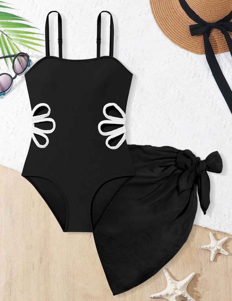 TALLWH Girls Bathing Suit Adjustable Straps Cut Out One Piece Swimsuit with Solid Color Cover Up Skirt 5t Bathing Suit Girls Swimsuits Size 6 - Image 5
