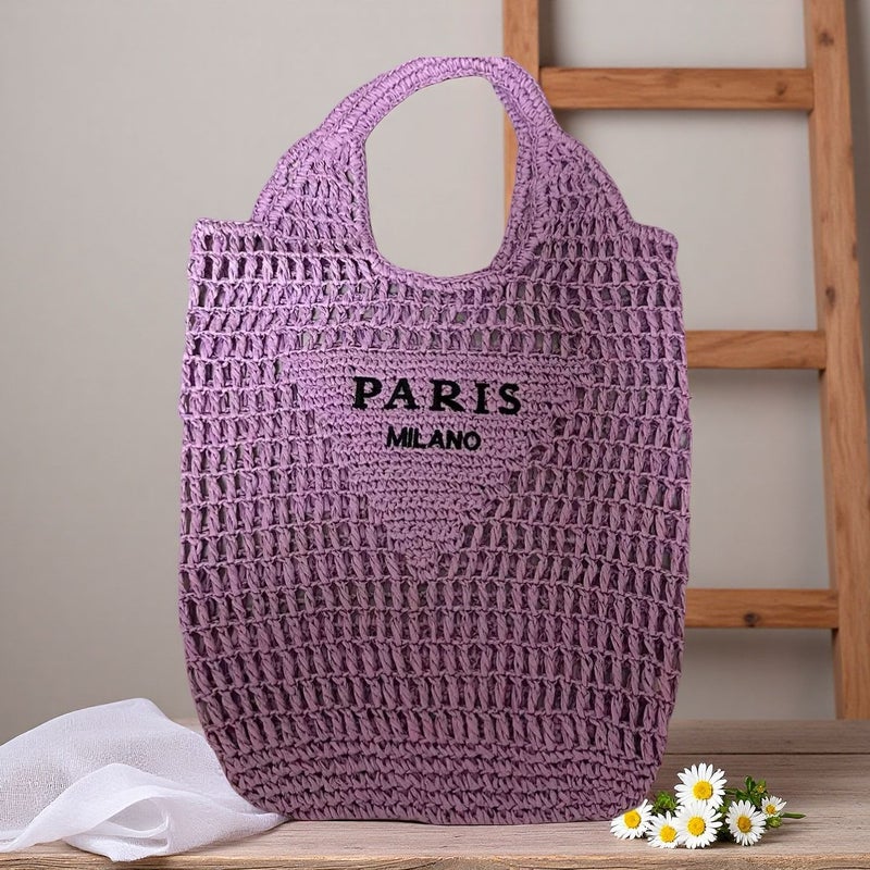 Women's Handwoven Crochet Bucket Bag with Letter Embroidery - Image 3