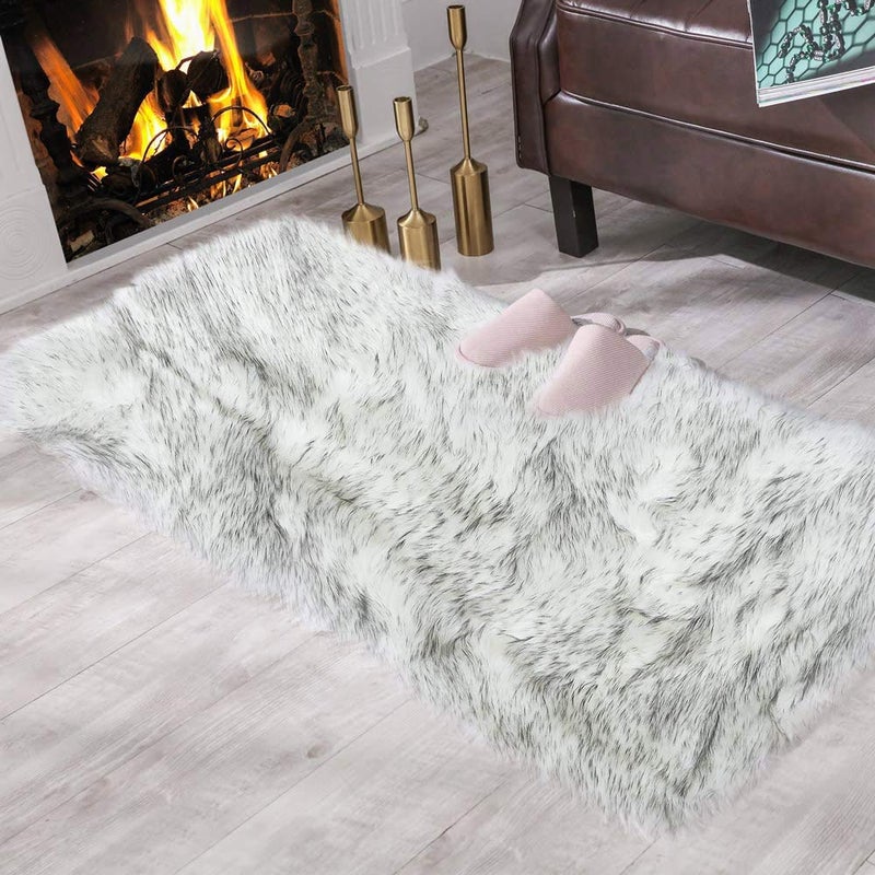 Carvapet 2x4ft White Faux Sheepskin Rug with Black Tips Soft Shaggy Plush Area Mat for Bedroom Living Room Beside Floor Decor