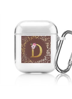Classic Clear printed Case for Apple Airpods 2 / 1 Soft TPU Gel Thin Transparent Flexible Cover - Custom Monogram Initial Letter Floral Pattern Alphabet - D (Brown )