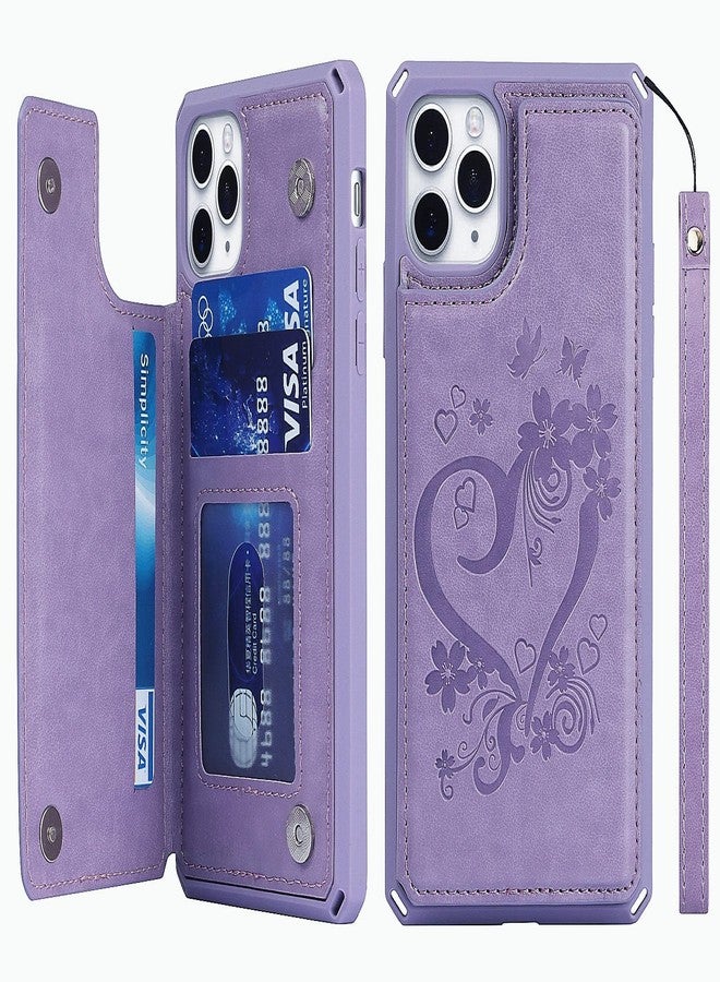 iCoverCase Compatible with iPhone 11 Pro 5.8 Inch Wallet Phone Case with Card Holder for Women, RFID Blocking Embossed PU Leather Wrist Strap Case (Heart Purple) - Image 1