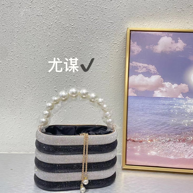 Black And White Color Matching Shiny Diamond Basket Bucket Bag Banquet Bird Cage Drawstring Rhinestone Hand Messenger Bag For Women - Image 1