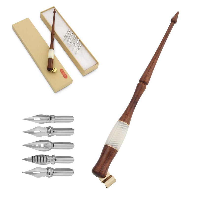 Yoption Wood Calligraphy Oblique Dip Pen Holder Set Removable Nib Pen Handle Stand with 5 Flat Nibs Kit