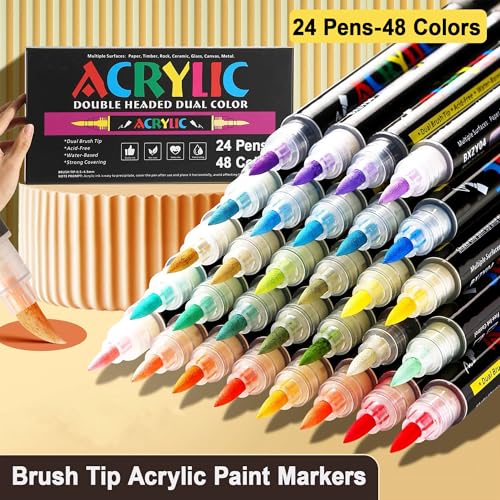 KLIFFOO 48 Colors Acrylic Paint Markers,24Pcs Dual Head Brush Tip Sketch Pen for Painting,Sketching,Calligraphy, Permanent Colouring Marker Pen for Rock,Canvas,Wood, Glass,Fabric (48 Colors 24 Pcs) - Image 2