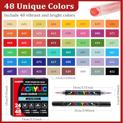 KLIFFOO 48 Colors Acrylic Paint Markers,24Pcs Dual Head Brush Tip Sketch Pen for Painting,Sketching,Calligraphy, Permanent Colouring Marker Pen for Rock,Canvas,Wood, Glass,Fabric (48 Colors 24 Pcs) - Image 3