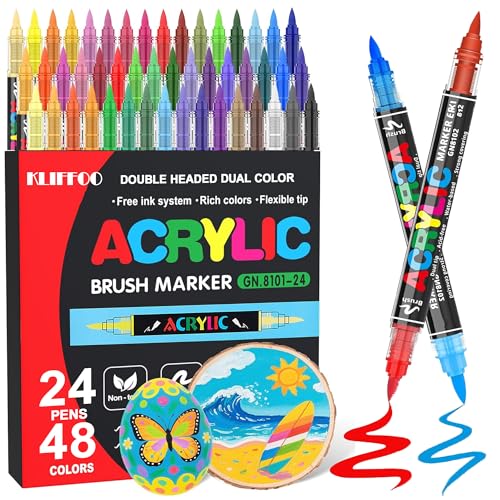 KLIFFOO 48 Colors Acrylic Paint Markers,24Pcs Dual Head Brush Tip Sketch Pen for Painting,Sketching,Calligraphy, Permanent Colouring Marker Pen for Rock,Canvas,Wood, Glass,Fabric (48 Colors 24 Pcs) - Image 1