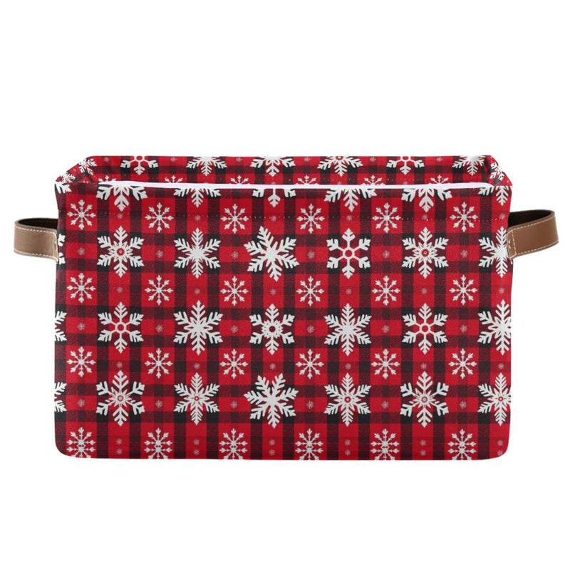 Wamika Christmas Red Buffalo Plaid Storage Basket with Waterproof Liner and PU Handles Winter Snowflake Checker Storage Bins Boxes 142 Collapsible Decorative Baskets for Bedroom Closet Office 1 Pack - Image 2