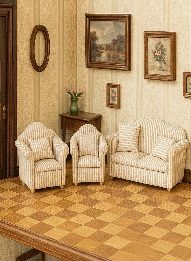 KH866 3PCS Dollhouse Couch - 1/12 Scale Miniature Double & Single Sofa with Pillow Upholstered Armchair Set, Doll House Living Room Mini Furniture Accessories Timeless Classic for Bedroom Sectional Décor - Image 3