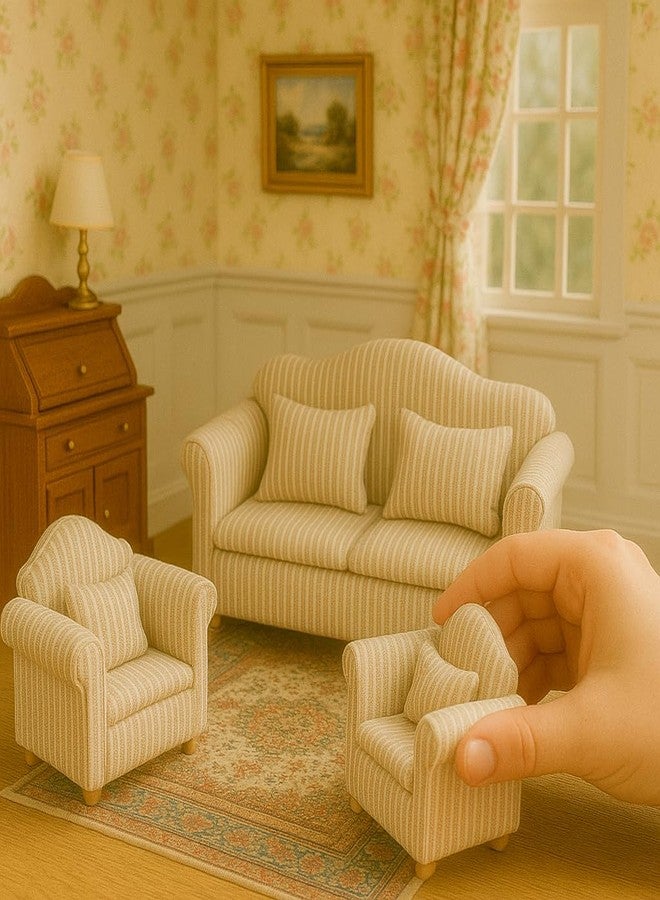 KH866 3PCS Dollhouse Couch - 1/12 Scale Miniature Double & Single Sofa with Pillow Upholstered Armchair Set, Doll House Living Room Mini Furniture Accessories Timeless Classic for Bedroom Sectional Décor - Image 5