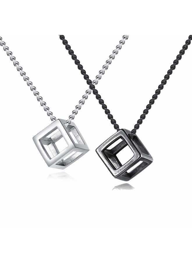 INRENG Men's Stainless Steel Simple Square Hollow Cube Charm Pendant Minimalist Couple Necklace, Metal, - Image 1