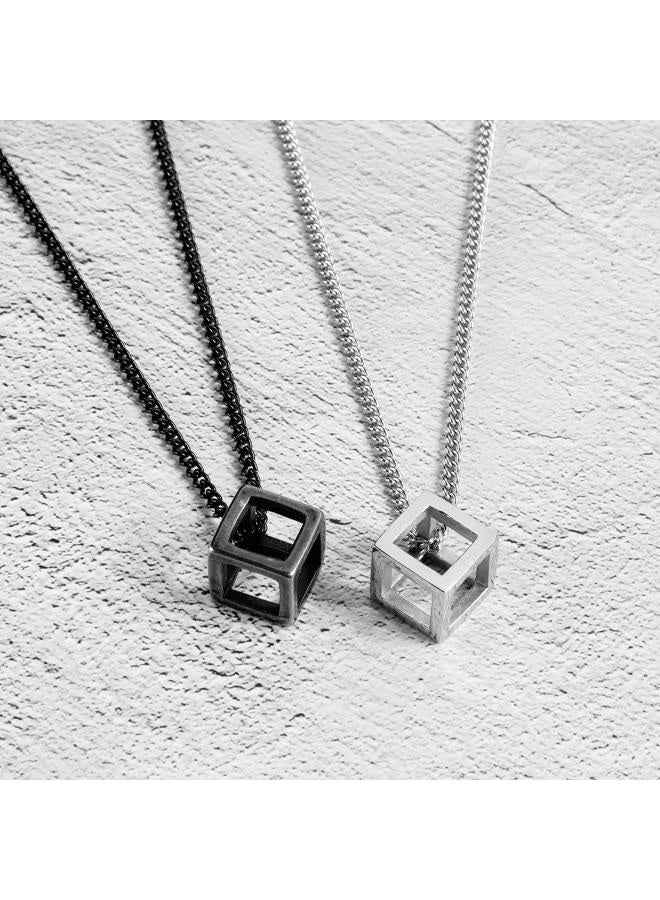 INRENG Men's Stainless Steel Simple Square Hollow Cube Charm Pendant Minimalist Couple Necklace, Metal, - Image 2