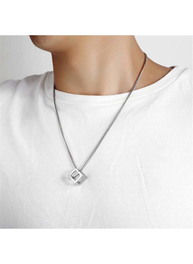 INRENG Men's Stainless Steel Simple Square Hollow Cube Charm Pendant Minimalist Couple Necklace, Metal, - Image 5