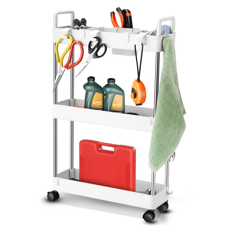 Auto Dynasty 3 Tier Slim Rolling Cart with Handle, Multifunction Utility Storage Rolling Cart, Movable Storage Organizer with Wheels for Office, Bathroom, Kitchen, Narrow Places (White) - Image 1