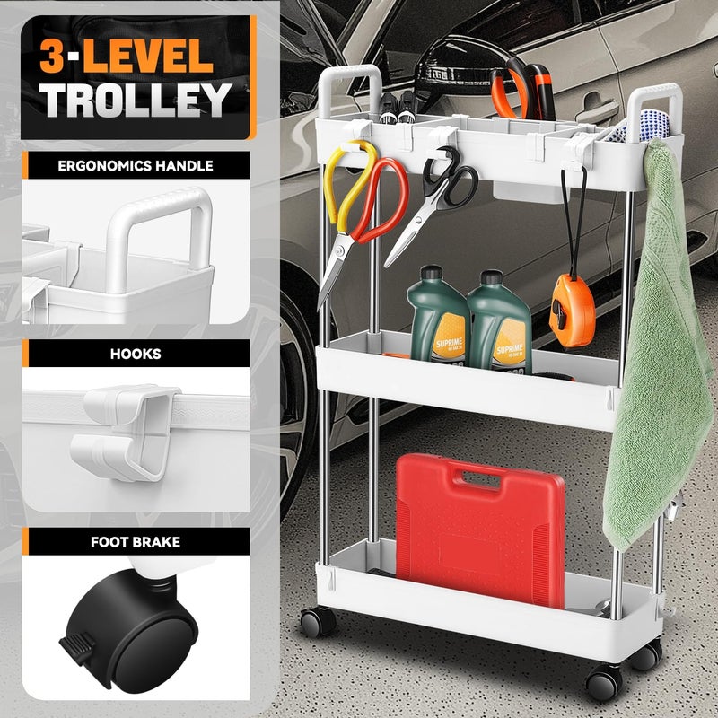 Auto Dynasty 3 Tier Slim Rolling Cart with Handle, Multifunction Utility Storage Rolling Cart, Movable Storage Organizer with Wheels for Office, Bathroom, Kitchen, Narrow Places (White) - Image 2