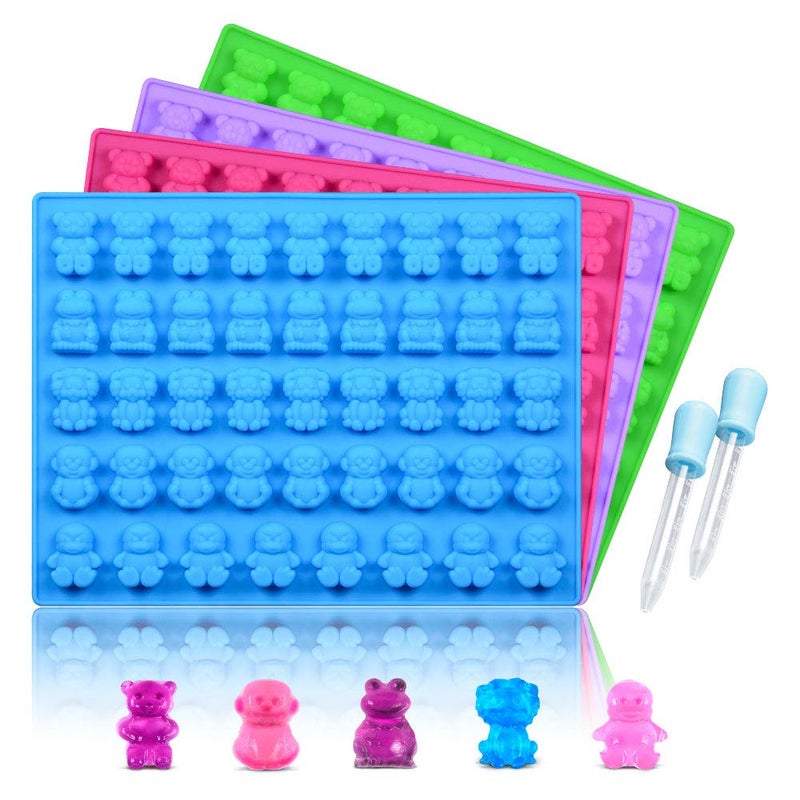 CAKETIME Silicone Candy Gummy Bear Molds  Chocolate Molds Including Bears Frogs Lions Monkeys Penguins Gummie Molds Premium Silicone Pack of 4 with 2 Droppers