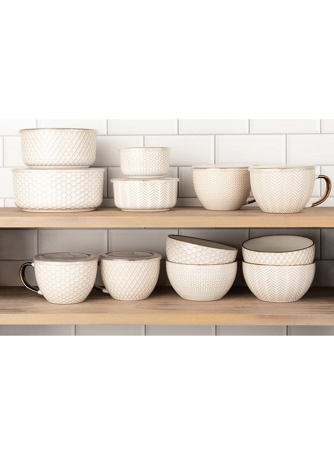 Kook Ceramic Cereal Bowls Embossed For Yogurt Dessert And Poke Microwave & Dishwasher Safe Cream With Dark Copper Accents Set Of 4 22 Oz Narbonne Collection - Image 4