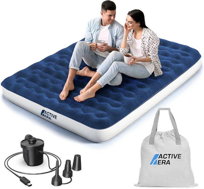 اكتيف ايرا سرير هوائي فاخر للتخييم من Active Era، قابل للنفخ ويمكن شحنه عبر منفذ USB، بحجم كبير، مزود بحقيبة سفر، ومضخة هواء محمولة مع كابل شحن USB ومضخة للقدمين. - Image 1