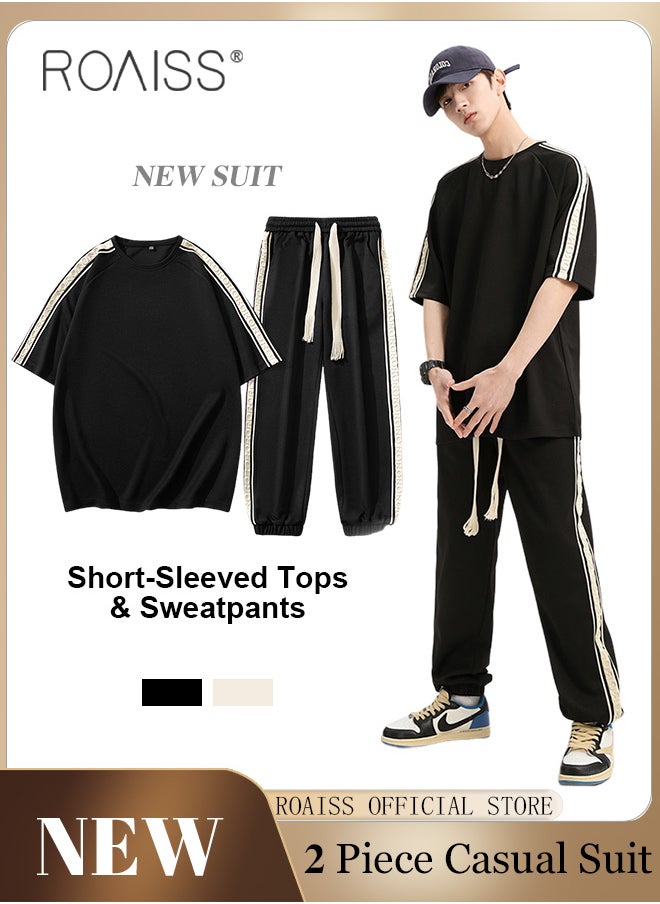 roaiss 2 Pcs Unisex Casual Sportswear Set for Couples with Stylish Printed Design Short Sleeve T-Shirt and Loose-Fit Pants Combo Skin Friendly Fabric Soft and Breathable  - Image 1
