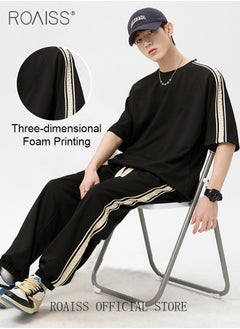 roaiss 2 Pcs Unisex Casual Sportswear Set for Couples with Stylish Printed Design Short Sleeve T-Shirt and Loose-Fit Pants Combo Skin Friendly Fabric Soft and Breathable  - Image 2