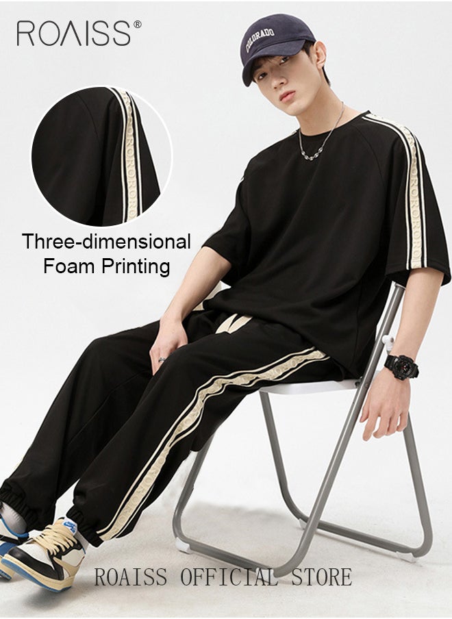 roaiss 2 Pcs Unisex Casual Sportswear Set for Couples with Stylish Printed Design Short Sleeve T-Shirt and Loose-Fit Pants Combo Skin Friendly Fabric Soft and Breathable  - Image 2