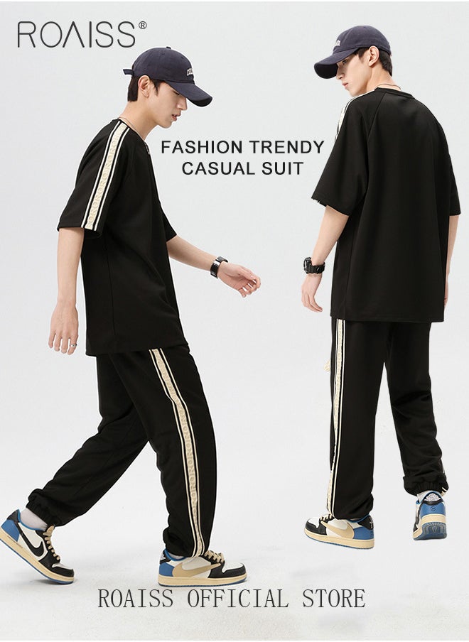 roaiss 2 Pcs Unisex Casual Sportswear Set for Couples with Stylish Printed Design Short Sleeve T-Shirt and Loose-Fit Pants Combo Skin Friendly Fabric Soft and Breathable  - Image 5