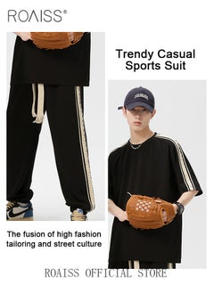 roaiss 2 Pcs Unisex Casual Sportswear Set for Couples with Stylish Printed Design Short Sleeve T-Shirt and Loose-Fit Pants Combo Skin Friendly Fabric Soft and Breathable  - Image 3