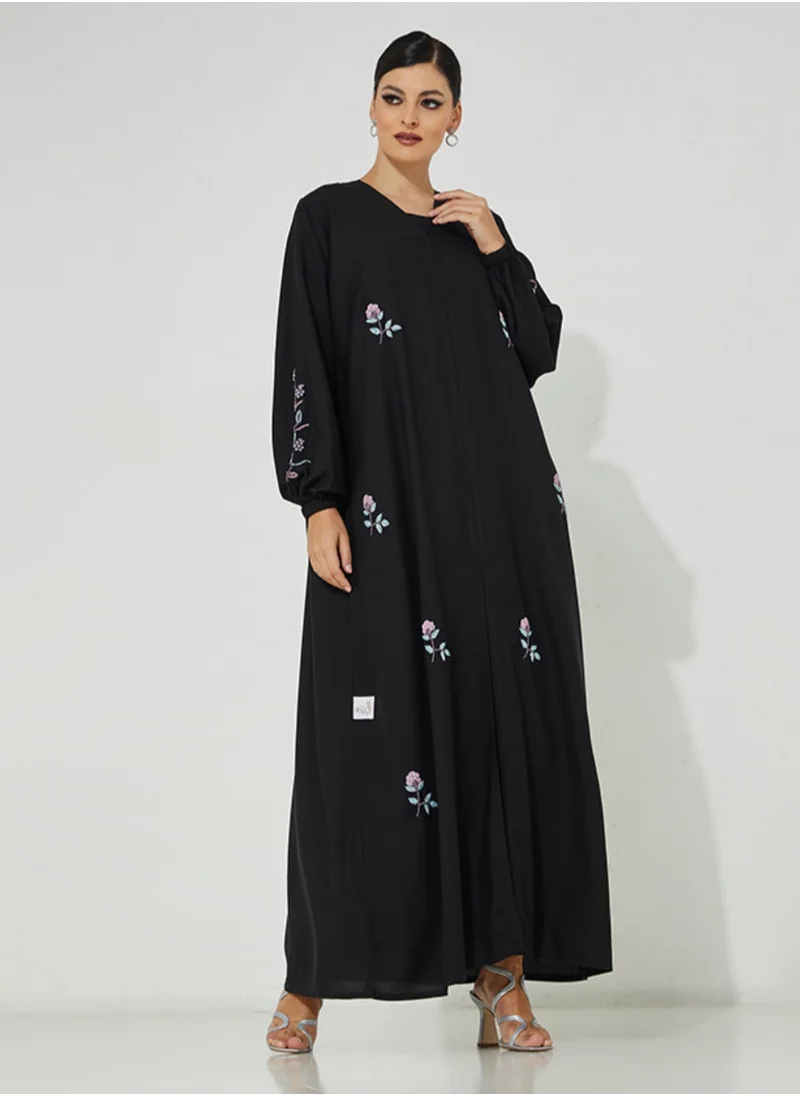 Rosette Abaya Embroidery Elastic Sleeves