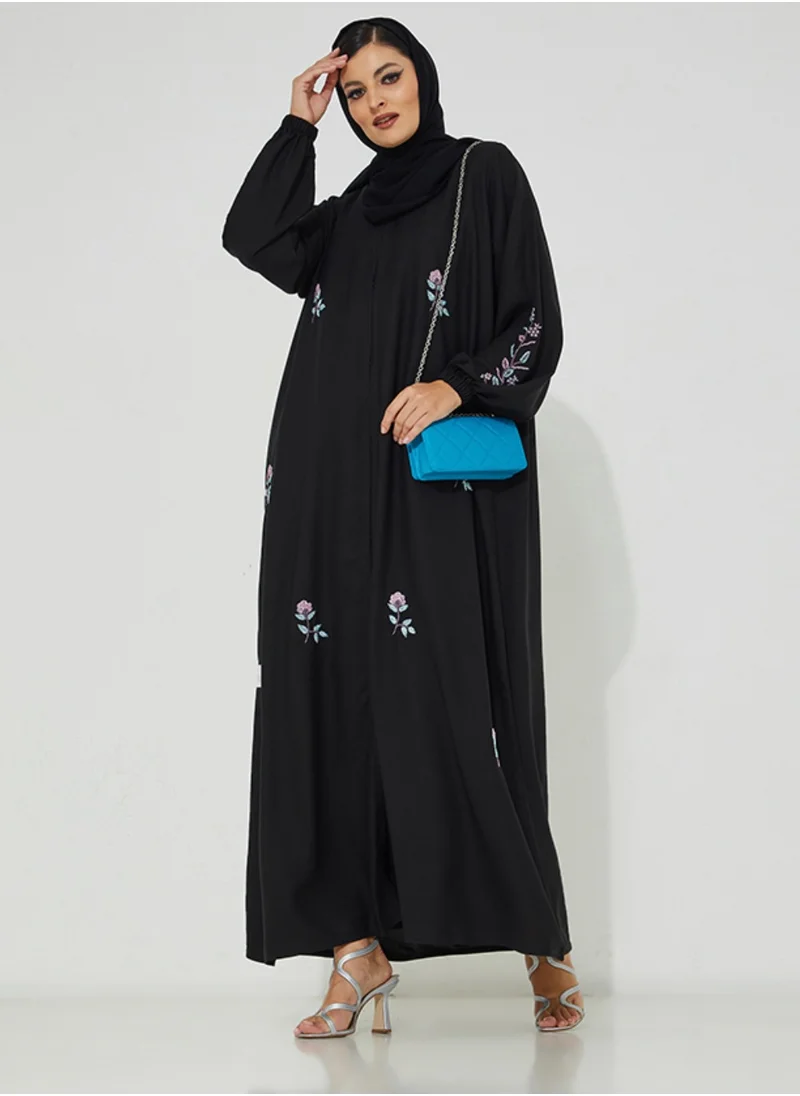 Rosette Abaya Embroidery Elastic Sleeves