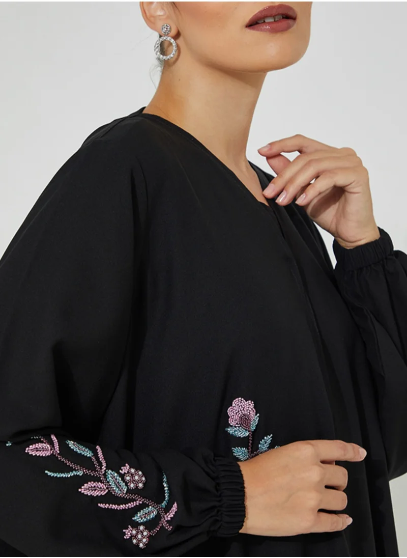 Rosette Abaya Embroidery Elastic Sleeves
