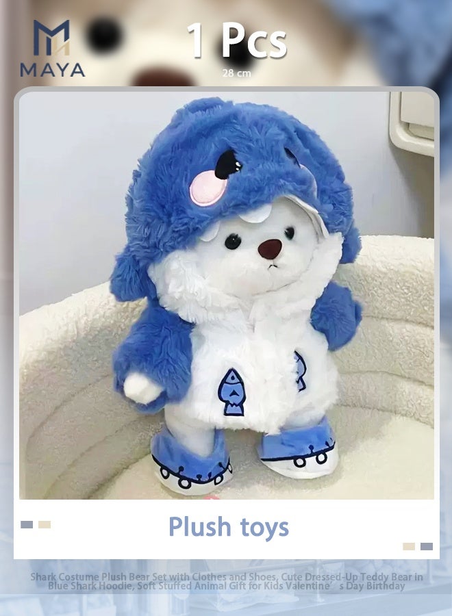 Maya 28 CM Shark Costume Plush Bear Set with Clothes and Shoes, Cute Dressed-Up Teddy Bear in Blue Shark Hoodie, Soft Stuffed Animal Gift for Kids Valentine’s Day Birthday - Image 1