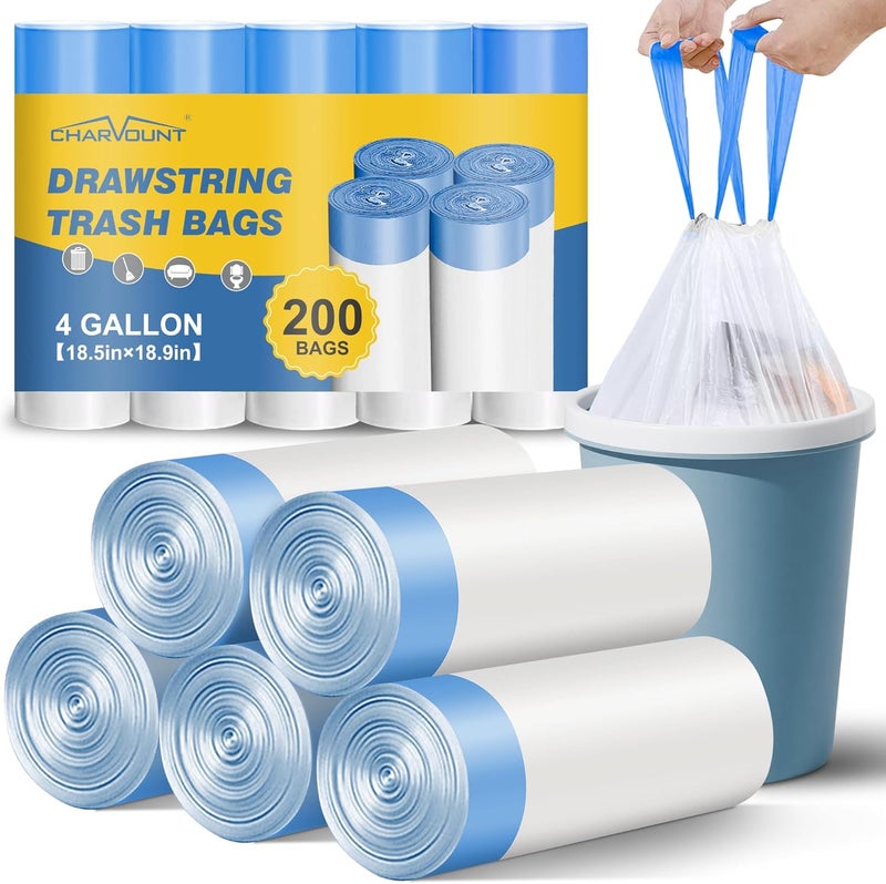 Charmount Small Trash Bags 4 Gallon, 200 Count Drawstring Mini Garbage Bags, Plastic Trash Can Liners for Bathroom, Office, Bedroom – Super Value Bulk - Image 1