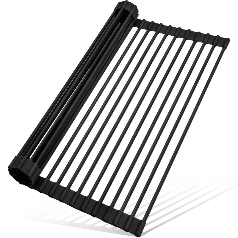 MERRYBOX Roll Up Over The Sink Dish Drying Rack Silicone Wrapped Foldable HeatResistant AntiSlip Sink Rack Multipurpose Dish Drainer for Kitchen Sink Counter  Black 175 x 11
